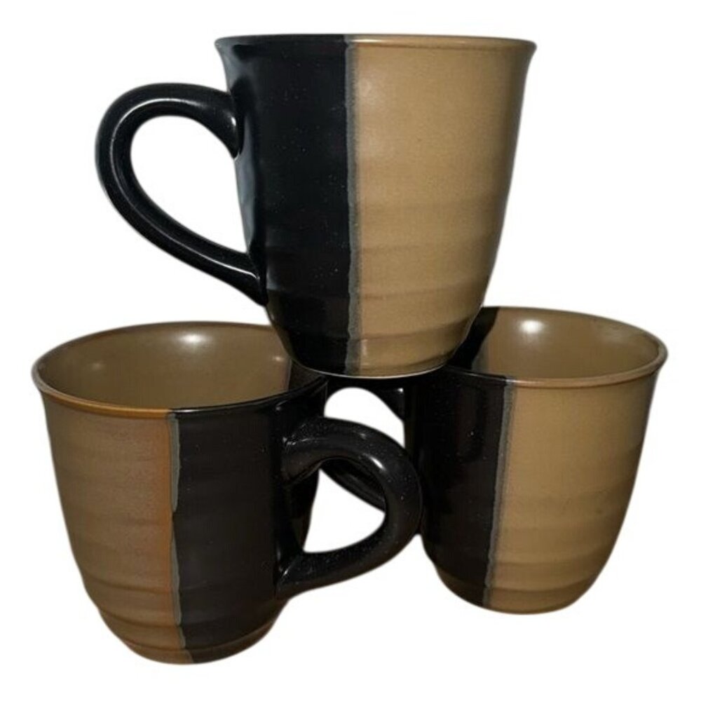 Set Of 3 Sango Stoneware Coffee Mugs 10 Oz Black & Brown Two-Tone Made In China